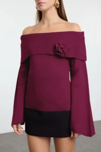 TRENDYOLMİLLA Burgundy ROSE Detailed Carmen Collar Knitwear Sweater - Image 3