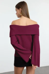 TRENDYOLMİLLA Burgundy ROSE Detailed Carmen Collar Knitwear Sweater - Image 5