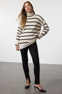 TRENDYOLMİLLA Stone Striped Wide Pattern LONG Length Knitwear Sweater - Image 2