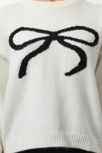 TRENDYOLMİLLA Ecru Soft textured Ribbon Patterned Knitwear Sweater - Image 3
