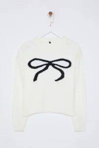 TRENDYOLMİLLA Ecru Soft textured Ribbon Patterned Knitwear Sweater - Image 6