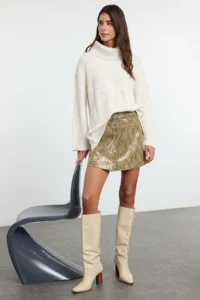 TRENDYOLMİLLA Ecru Turtleneck Wide Pattern Knitwear Sweater - Image 2