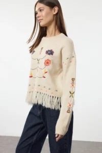TRENDYOLMİLLA Ecru Soft textured Tasseled Embroidery embroidered Knitwear Sweater - Image 2