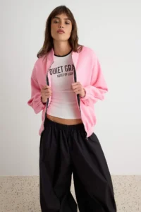 TRENDYOLMİLLA Light PINK Zippered Oversized/Wide Pattern Thick Fleece Inside Knitting Cardigan/Sweatshirt - Image 2