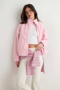 TRENDYOLMİLLA Light PINK Plush Regular/Normal Pattern Weaving Garnili Zippered Knitting Cardigan/Sweatshirt