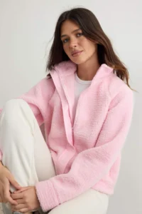 TRENDYOLMİLLA Light PINK Plush Regular/Normal Pattern Weaving Garnili Zippered Knitting Cardigan/Sweatshirt - Image 2