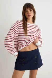 TRENDYOLMİLLA Burgundy 2 Yarn Crew Neck Striped Regular Knitting Sweatshirt - Image 2