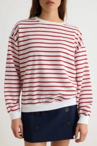 TRENDYOLMİLLA Burgundy 2 Yarn Crew Neck Striped Regular Knitting Sweatshirt - Image 3