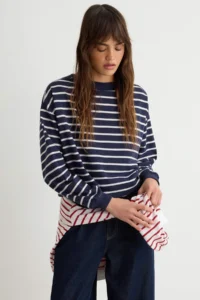 TRENDYOLMİLLA NAVY BLUE 2 Yarn Crew Neck Striped Regular Knitting Sweatshirt