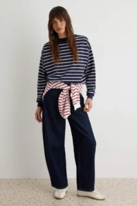 TRENDYOLMİLLA NAVY BLUE 2 Yarn Crew Neck Striped Regular Knitting Sweatshirt - Image 2