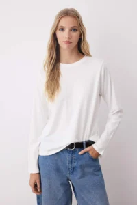 TRENDYOLMİLLA Black-Ecru-Brown 3 Sets Paket 100% Cotton Crew Neck Long Sleeve Oversized/Wide Cut Knitting T-Shirt - Image 2