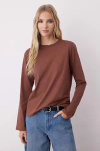 TRENDYOLMİLLA Black-Ecru-Brown 3 Sets Paket 100% Cotton Crew Neck Long Sleeve Oversized/Wide Cut Knitting T-Shirt - Image 5