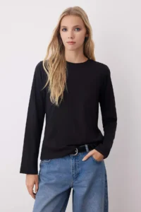 TRENDYOLMİLLA Black-Ecru-Brown 3 Sets Paket 100% Cotton Crew Neck Long Sleeve Oversized/Wide Cut Knitting T-Shirt - Image 8