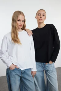 TRENDYOLMİLLA Black-WHITE 2 Sets Paket 100% single jersey Oversized/Wide Cut Knitting T-Shirt - Image 8