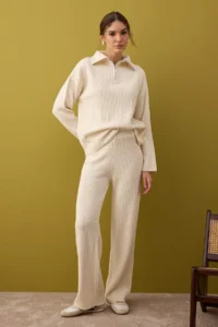 TRENDYOLMİLLA Ecru Basic Zippered Sweater-Pants Knitwear Bottom - Top Set - Image 2