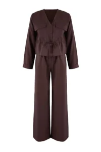 TRENDYOLMİLLA Dark Brown Soft textured Blouse Pants Weaving Bottom - Top Set - Image 5