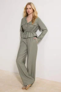 TRENDYOLMİLLA Khaki Soft textured Blouse Pants Weaving Bottom - Top Set - Image 2