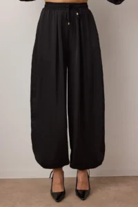 TRENDYOLMİLLA Black Satin Balloon Pattern Pants Jacket Weaving Bottom - Top Set - Image 3