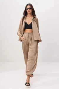 TRENDYOLMİLLA Mink Satin Balloon Pattern Pants Jacket Weaving Bottom - Top Set