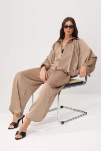 TRENDYOLMİLLA Mink Satin Balloon Pattern Pants Jacket Weaving Bottom - Top Set - Image 2