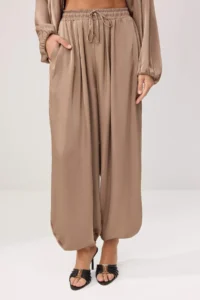 TRENDYOLMİLLA Mink Satin Balloon Pattern Pants Jacket Weaving Bottom - Top Set - Image 3