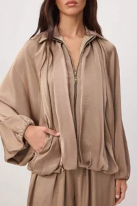 TRENDYOLMİLLA Mink Satin Balloon Pattern Pants Jacket Weaving Bottom - Top Set - Image 4
