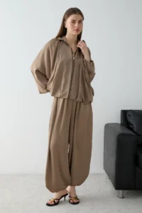TRENDYOLMİLLA Mink Satin Balloon Pattern Pants Jacket Weaving Bottom - Top Set - Image 6