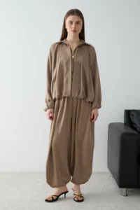 TRENDYOLMİLLA Mink Satin Balloon Pattern Pants Jacket Weaving Bottom - Top Set - Image 8