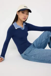TRENDYOLMİLLA Teen NAVY BLUE Plaid/Checkered Fitted Weaving Detailed Knitting Blouse