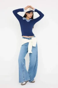 TRENDYOLMİLLA Teen NAVY BLUE Plaid/Checkered Fitted Weaving Detailed Knitting Blouse - Image 2
