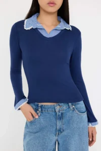 TRENDYOLMİLLA Teen NAVY BLUE Plaid/Checkered Fitted Weaving Detailed Knitting Blouse - Image 3
