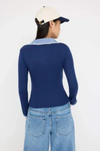 TRENDYOLMİLLA Teen NAVY BLUE Plaid/Checkered Fitted Weaving Detailed Knitting Blouse - Image 4