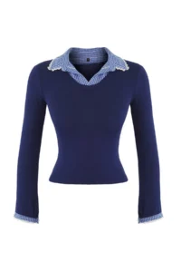 TRENDYOLMİLLA Teen NAVY BLUE Plaid/Checkered Fitted Weaving Detailed Knitting Blouse - Image 5