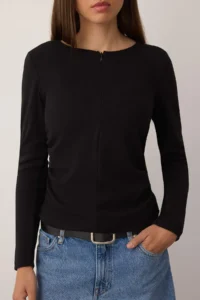 TRENDYOLMİLLA Black Fitted Half Zippered Double Layer Double Collar Knitting Blouse - Image 3