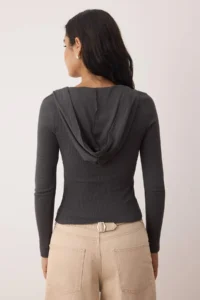 TRENDYOLMİLLA Anthracite Hooded Ribbed buttoned Fitted Knitting Blouse - Image 4