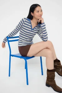 TRENDYOLMİLLA Teen BLUE Striped Polo Shirt Collar Fitted Knitting Blouse - Image 2