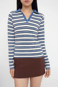 TRENDYOLMİLLA Teen BLUE Striped Polo Shirt Collar Fitted Knitting Blouse - Image 3