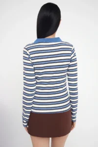 TRENDYOLMİLLA Teen BLUE Striped Polo Shirt Collar Fitted Knitting Blouse - Image 4