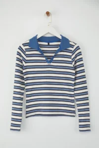 TRENDYOLMİLLA Teen BLUE Striped Polo Shirt Collar Fitted Knitting Blouse - Image 5