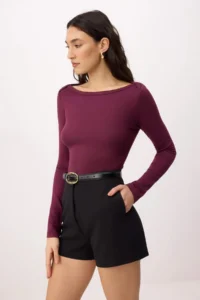TRENDYOLMİLLA Plum Boat Neck Flexible Knitting Blouse - Image 2