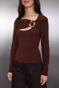 TRENDYOLMİLLA Brown Accessory and Cut Out Detailed Flexible Knitting Blouse - Image 3