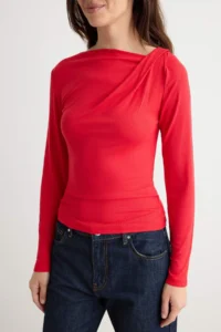 TRENDYOLMİLLA Red Fitted Asymmetric Collar Detailed Soft Fabric Flexible Knitting Blouse - Image 4
