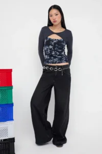 TRENDYOLMİLLA Teen Anthracite Tulle Detailed Double Look Abstract Window Detailed Fitted Knitting Blouse - Image 2