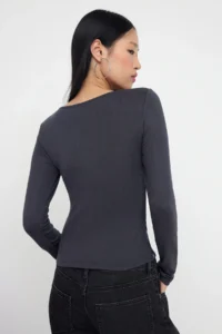 TRENDYOLMİLLA Teen Anthracite Tulle Detailed Double Look Abstract Window Detailed Fitted Knitting Blouse - Image 4