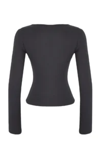 TRENDYOLMİLLA Teen Anthracite Tulle Detailed Double Look Abstract Window Detailed Fitted Knitting Blouse - Image 6