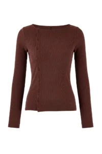 TRENDYOLMİLLA Brown buttoned Crew Neck Fitted Ribbed Flexible Knitting Blouse - Image 5