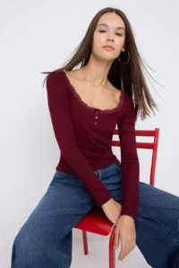 TRENDYOLMİLLA Teen Burgundy Cowl Neck buttoned Lace Detailed Fitted Flexible Knitting Blouse - Image 2
