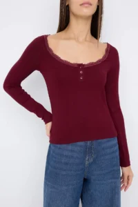 TRENDYOLMİLLA Teen Burgundy Cowl Neck buttoned Lace Detailed Fitted Flexible Knitting Blouse - Image 3