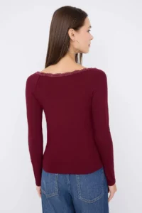 TRENDYOLMİLLA Teen Burgundy Cowl Neck buttoned Lace Detailed Fitted Flexible Knitting Blouse - Image 4
