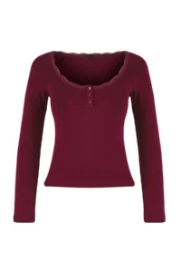 TRENDYOLMİLLA Teen Burgundy Cowl Neck buttoned Lace Detailed Fitted Flexible Knitting Blouse - Image 5